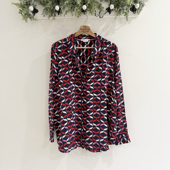 Boden Tops - Boden Navy Red White Silk Button Down Geometric Blouse Size 16/18 KD